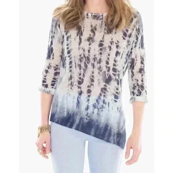 Chico’s Allison Pullover Open Knit Top 2/Large Blue Tie Dye Linen Asymmetrical - Picture 1 of 11